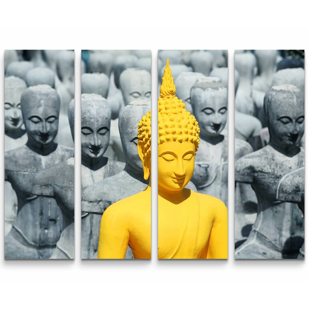 4-tlg. Leinwandbilder-Set Prächtige Buddhaskulptur zwischen grauen Statuen