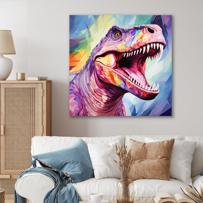 Cubiste coloré Trex Dino III - art de mur de dinosaure, Toile tendue, H 16 po x l 16 po