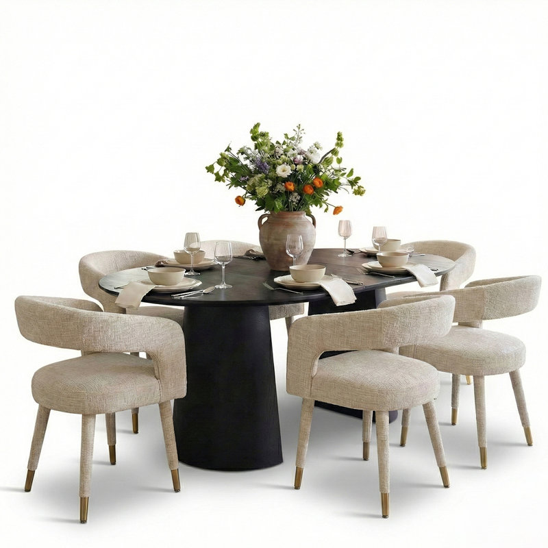 46"-83" Modern Extendable Dining Table Set With Upholstered Chairs, Round To Oval Pedestal Dining Set For 4–8 People, Oatmeal