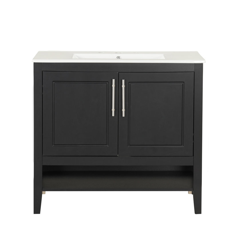 Meuble-lavabo 36 po avec lavabo, armoire de salle de bain multifonctionnelle avec portes et tiroirs, cadre en panneau de fibres à densité moyenne et panneau de fibres à densité moyenne, noir