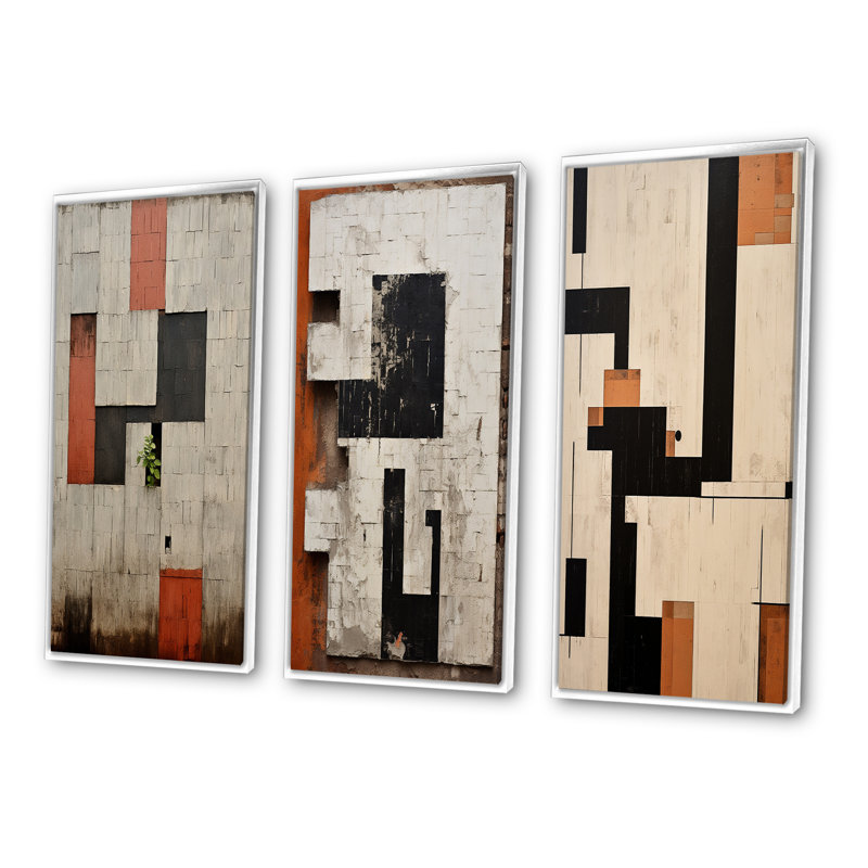 "New ordre élémentaire noir blanc minimalisme" 3 - pièces sur toile, H 28 po x l 36 po, Cadre flottant blanc