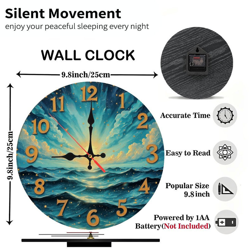 10" Round MDF Wall Clock with Silent Quartz Movement and No-Drill Hanging Hook