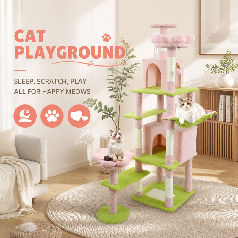 Arbre à chat 71 pouces avec grande maisonnette, coussin amovible et hamac pour grands chats, Pink