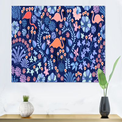 Plantes tropicales avec flamant rose en indigo - Peinture sur toile