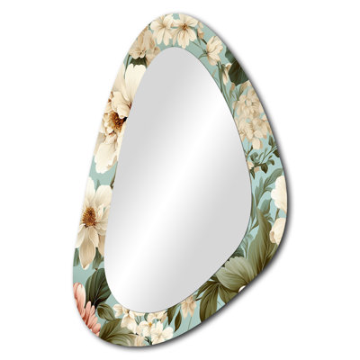 Antique Peonies Botanical Pattern II - Floral Asymmetrical Mirror, Pink Unique Shape Decorative Wall Mirror, Printed Metal Art