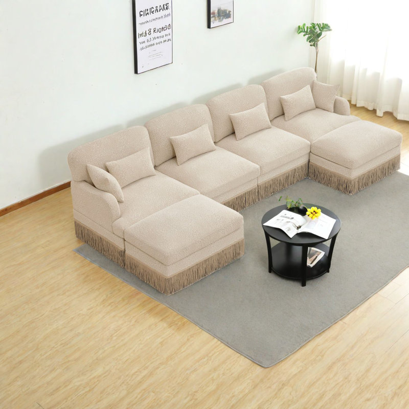 Spacious Chenille Sofas, Modern Tassel U Shaped Seating For Home