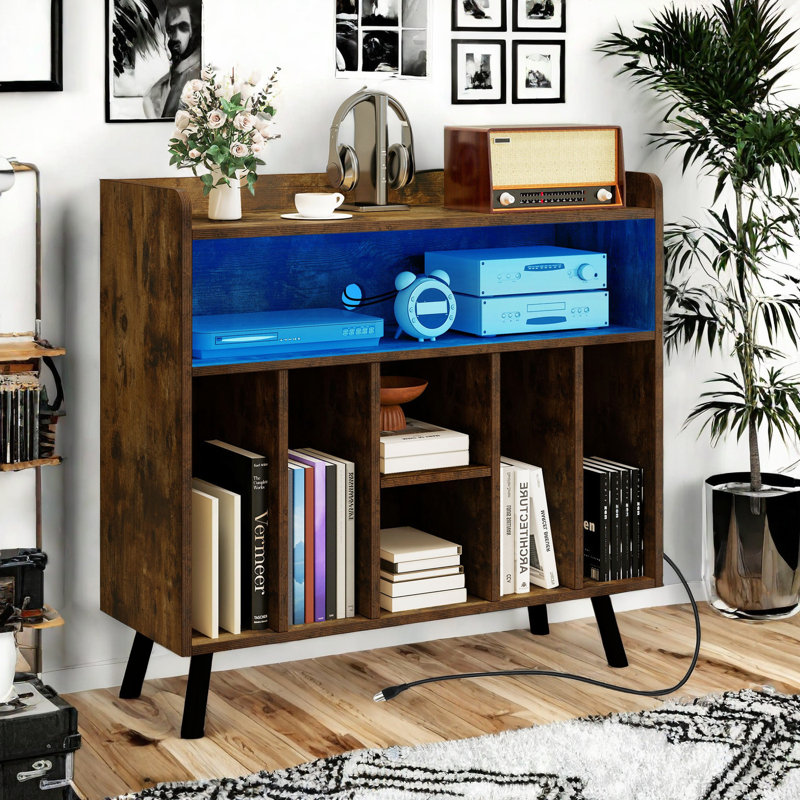 33.1'' H Record Player Stand with LED Lights & Power Outlets, Brown