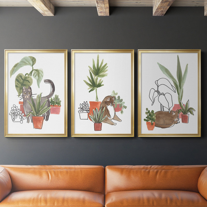 «Purrfect Plants I», toile encadrée de qualité supérieure - prête à être accrochée, Cadre doré