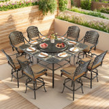  10-Piece Outdoor High Patio Dining Set, Free-Rust Cast Aluminum Patio Bar Table And Chairs Set, Includes 8 Swivel Bar Stools & 63.98" Bar Height Dining Table With 35.38" Lazy Susan, Umbrella Hole