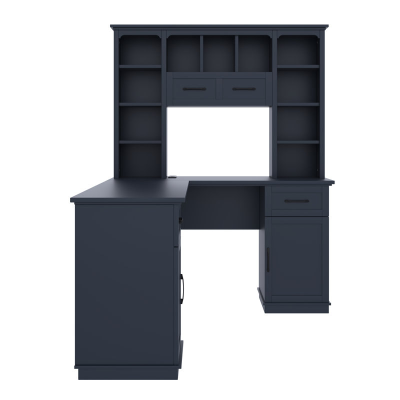L-Shaped Computer Desk with Open Shelves, Cabinet & Drawers, Antique Blue