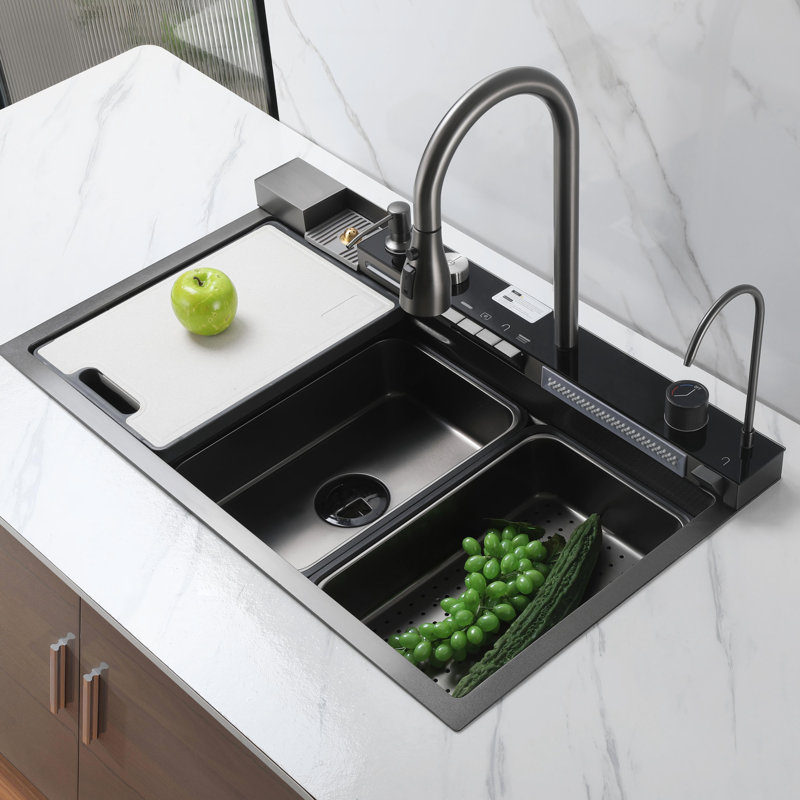 Évier de cuisine 32 po x 19 po avec robinet escamotable, acier inoxydable noir nid d'abeille, encastré / sur le dessus