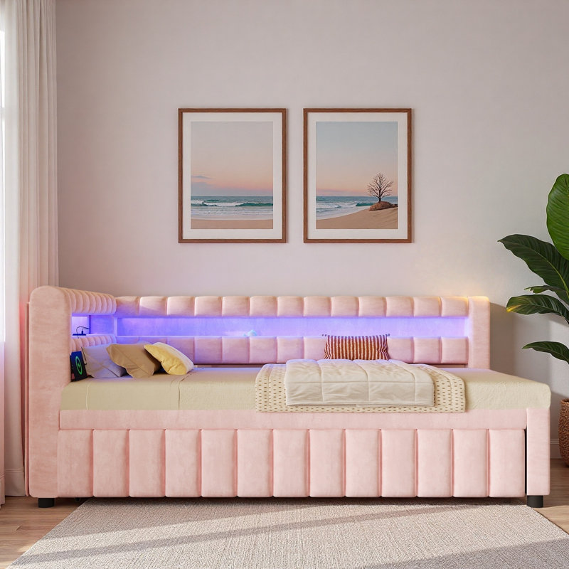 Lit de jour rembourré avec lumières DEL, ports USB et lit gigogne escamotable, Pink