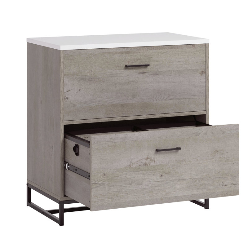 Classeur latéral brun, style contemporain, finition chêne, accents gris, glissières pleine extension, classement facile à installer, deux tiroirs, cadre, pour le décor du salon