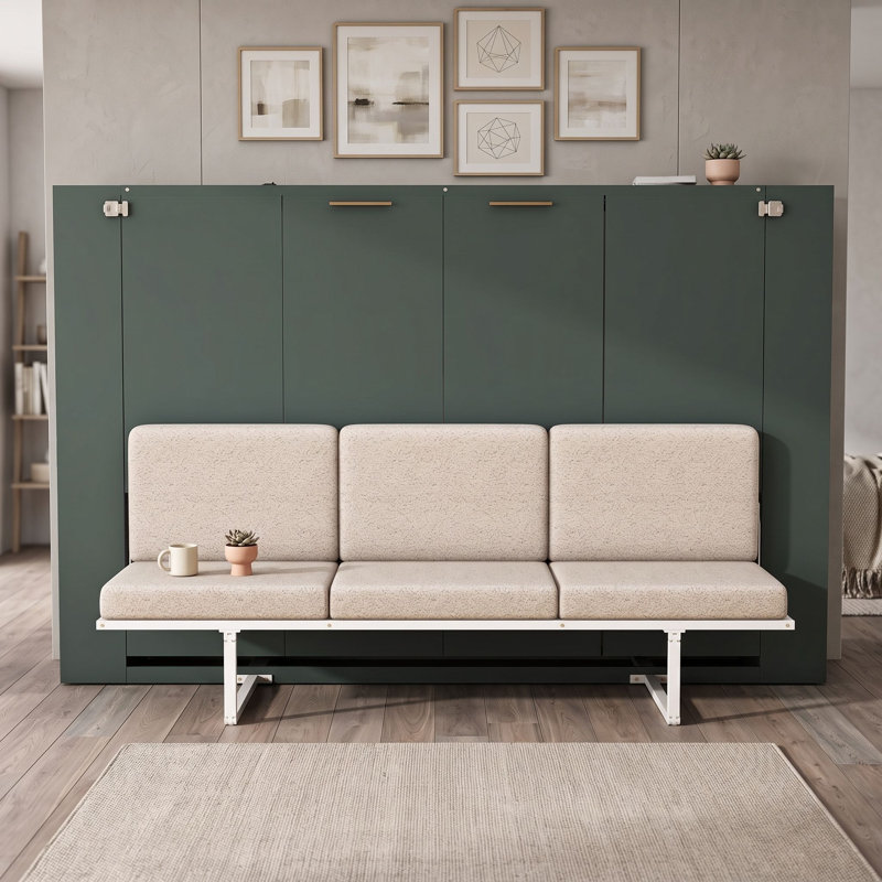 Lit escamotable double avec canapé et tablettes de rangement, Vert et beige