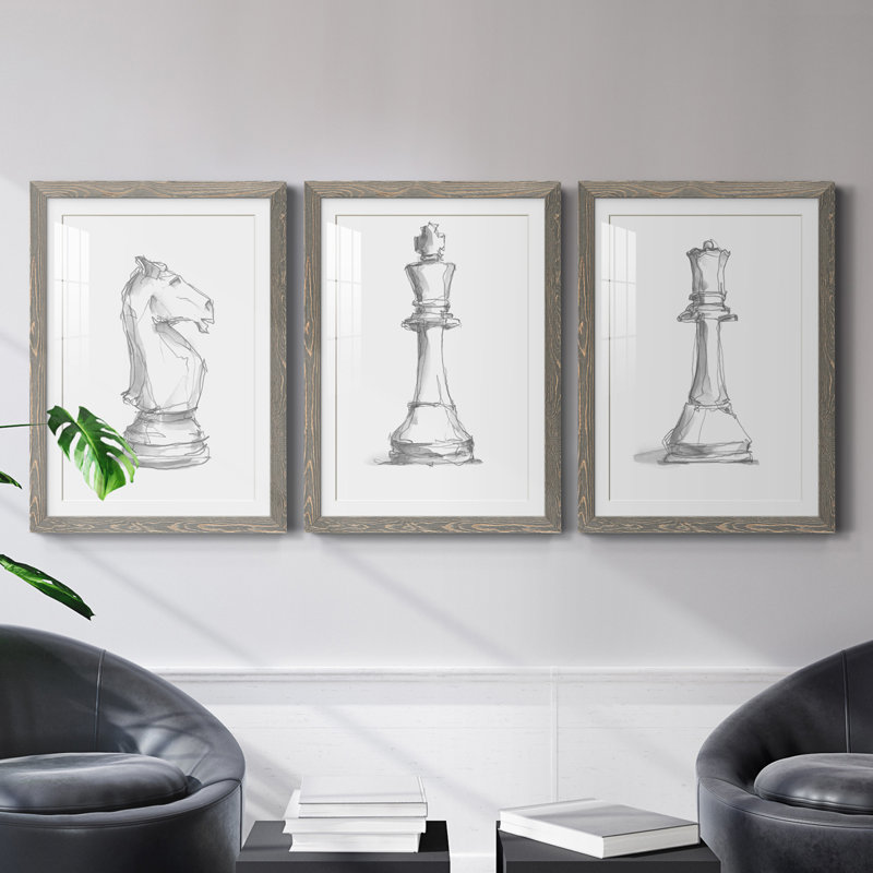 Chess Room Study I - Ensemble de 3 reproductions de cadres photo, gris, H 43,5 po x l 31,5 po x P 1 po