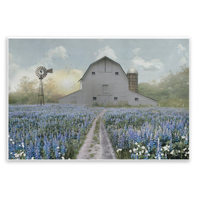 Plaque murale pré de fleurs bleues et grange, design par Nan