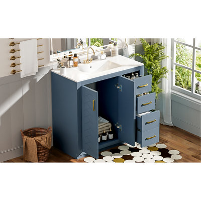 Meuble-lavabo de 36 pouces avec lavabo sous comptoir en céramique, structure en bois massif, 3 tiroirs, portes à fermeture douce, planches, rangement spacieux pour les articles de toilette, design rétro, poignées exquises, rainure unique