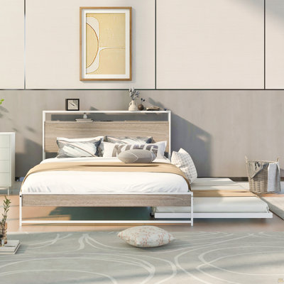Queen Size Metal Platform Bed Frame with Trundle, USB Ports and Slat Support ,No Box Spring Needed
