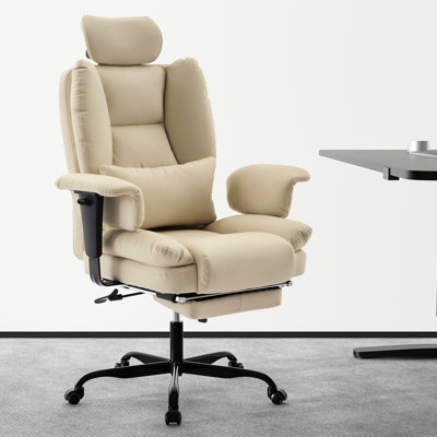Fauteuil d'ordinateur ergonomique beige avec repose-pieds extensible, coussin lombaire et coussin de confort réglable