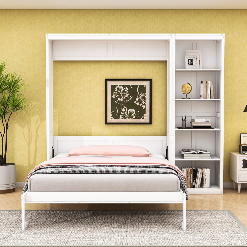 Lit escamotable en bois avec tablettes, conception pliable peu encombrante, Double, Blanc