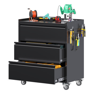 Armoire de rangement en métal avec 3 tiroirs et 4 crochets, H 35,4 po avec plan de travail mobile, coffres à outils, armoires de garage à 4 roulettes, armoires à outils pour la maison, le bureau et la boutique