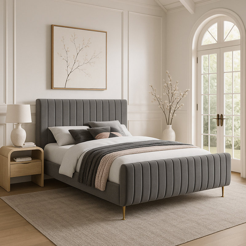 Lit plateforme tapissier à profil bas Zara, Grand, Velours gris