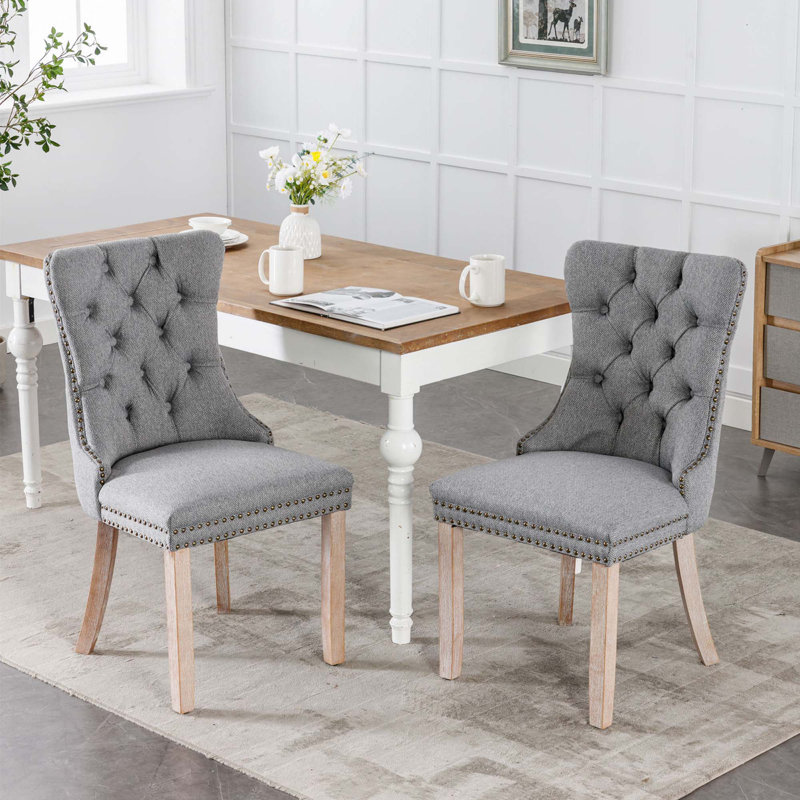 Solid Wood Flax Upholstered Linen Dining Chair, Grey