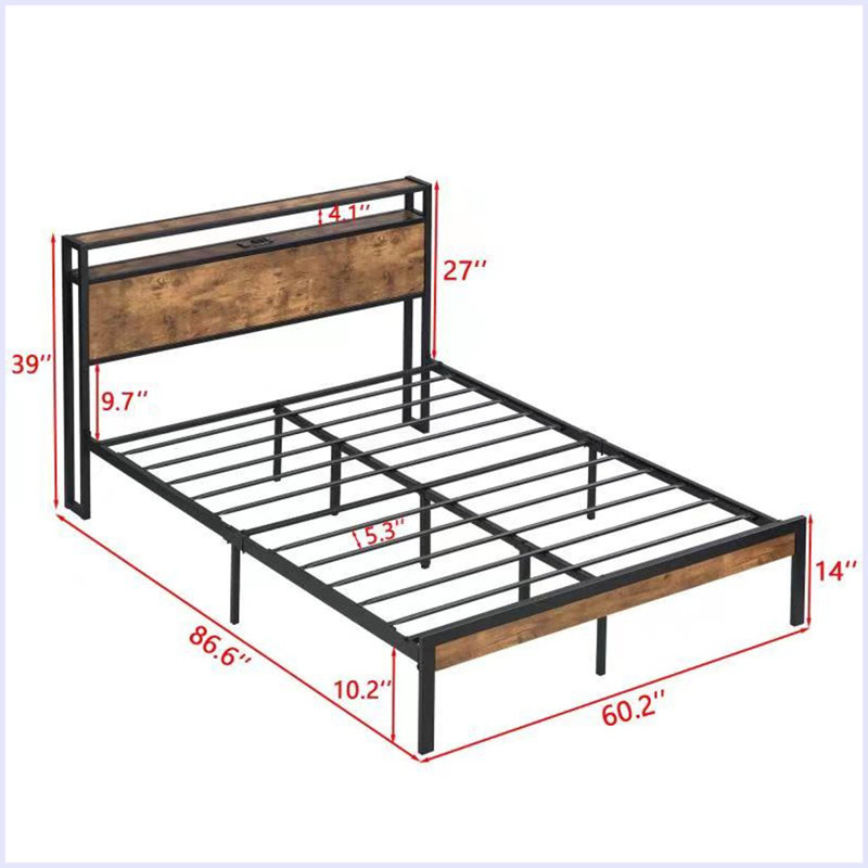 Structure de lit plateforme en métal avec tête et pied de lit en bois avec port USB, lumières DEL, Grand lit