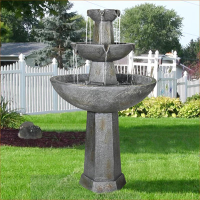 Fontaines | Fontaine de jardin d'extérieur traditionnelle à 3 niveaux, L 25 po x l 25 po x H 43 po, pompe UL | Gris anthracite | Fontaine à cascade à niveaux