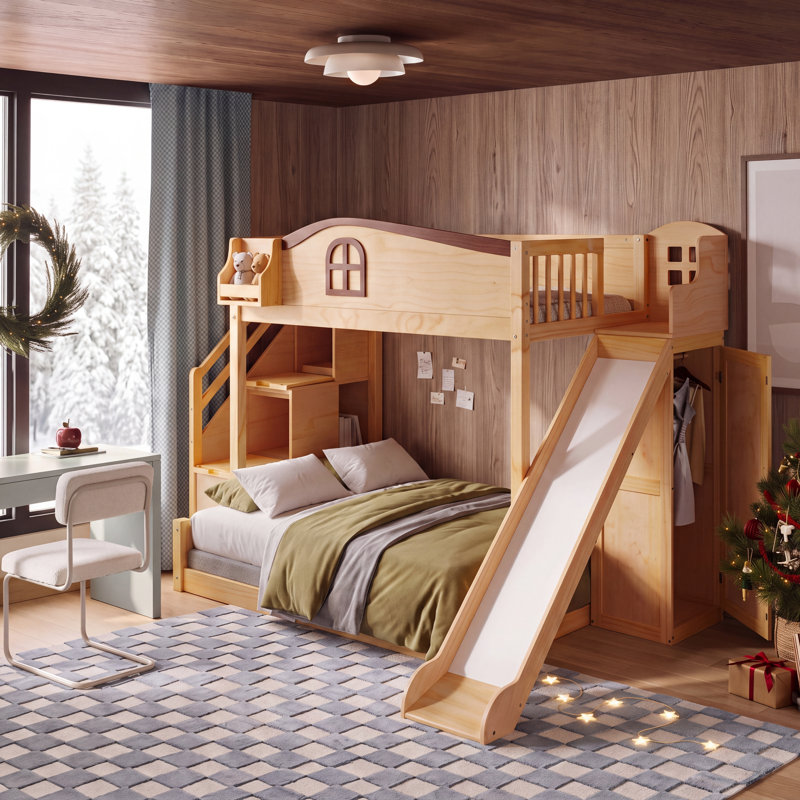 Lit superposé simple au dessus d'un lit double avec escalier de rangement, tablette, glissade et garde-robe, naturel et espresso