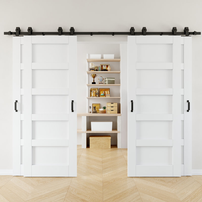Portes de grange coulissantes en bois 80 po à 5 panneaux, 80 po H 80 po, deux ensembles de quincaillerie à une voie inclus, 4 portes - aucun assemblage requis, à peindre