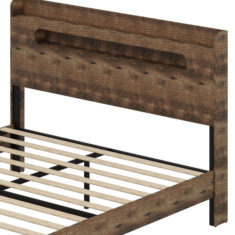 Structure de lit plateforme en bois avec tête de lit à DEL avec rangement et 2 USB, grand rangement sous le lit