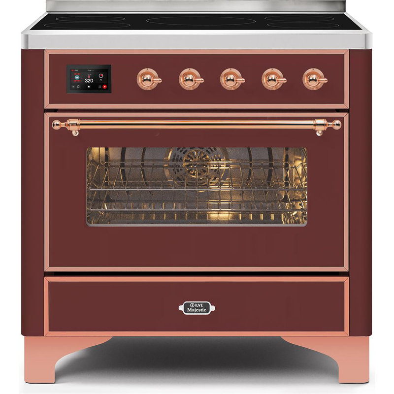 Cuisinière à induction 36 pouces avec 5 éléments à induction ILVE Majestic II Series (porte en verre), Bourgogne / cuivre