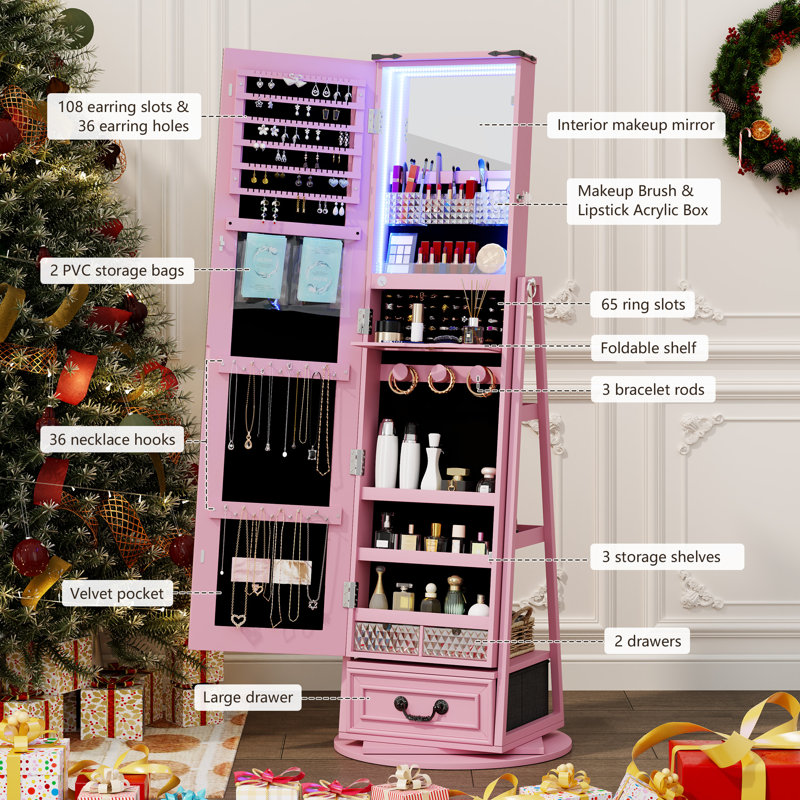 Armoire à bijoux de 21,1 po de largeur avec miroir, Rose