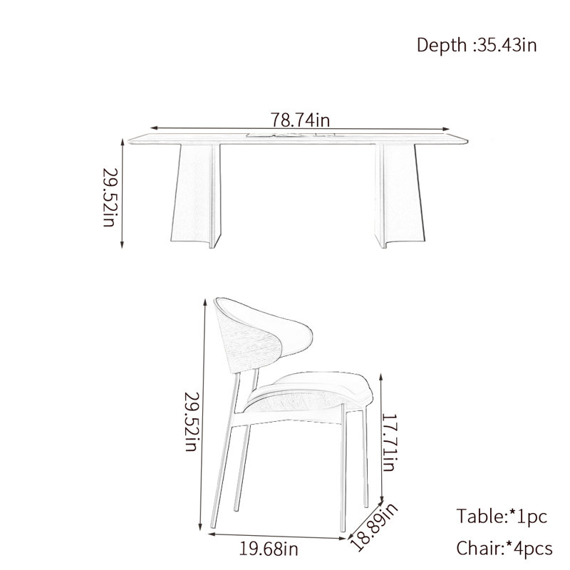 Retro rectangular family dining table sets, 29.52"H x 78.74"L x 35.43"W