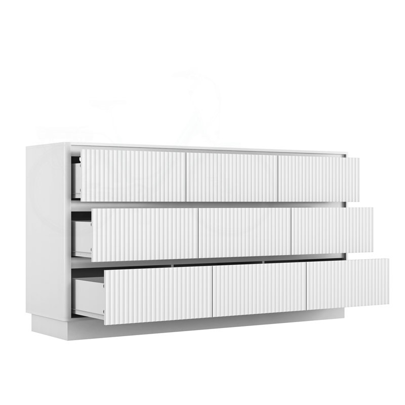 Commode 9 tiroirs pour chambre à coucher avec grands tiroirs, commode en bois, grande commode de plancher, long meuble télé moderne, table d'appoint avec rangement Mid-Century, blanc