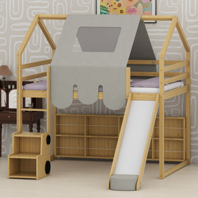 Lit mezzanine peu encombrant avec structure en forme de maison et tente