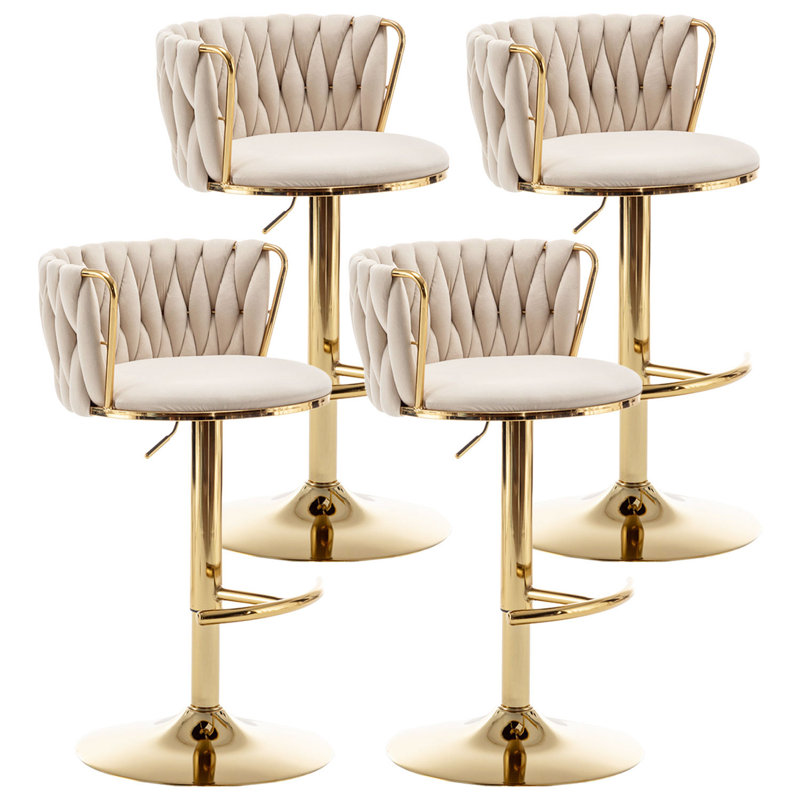 Velvet Bar Stools Set Of 4, Counter Height Bar Chairs With Low Back, Swivel Bar Stools For Kitchen Island, Bar Pub, Beige