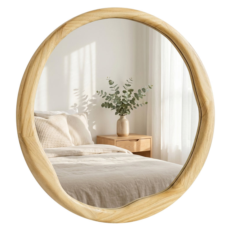 Miroir mural rond en bois massif, 24 po x 24 po, Bois naturel