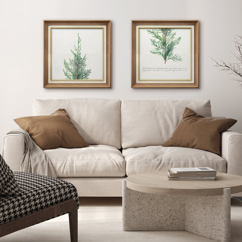 Green Pine Tree Forest Framed On Canvas 2 Pieces Set, Natural Gallery Frame, 26" H x 26" W