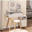 Round Mirror Bedside Cabinet Vanity Table + Cushioned Stool,With 2 AC Power + 2 USB Socket,17" Diameter LED Mirror,Touch Control,3-colour,Brightness Adjustable,Large Desktop,Multi-layer Storage