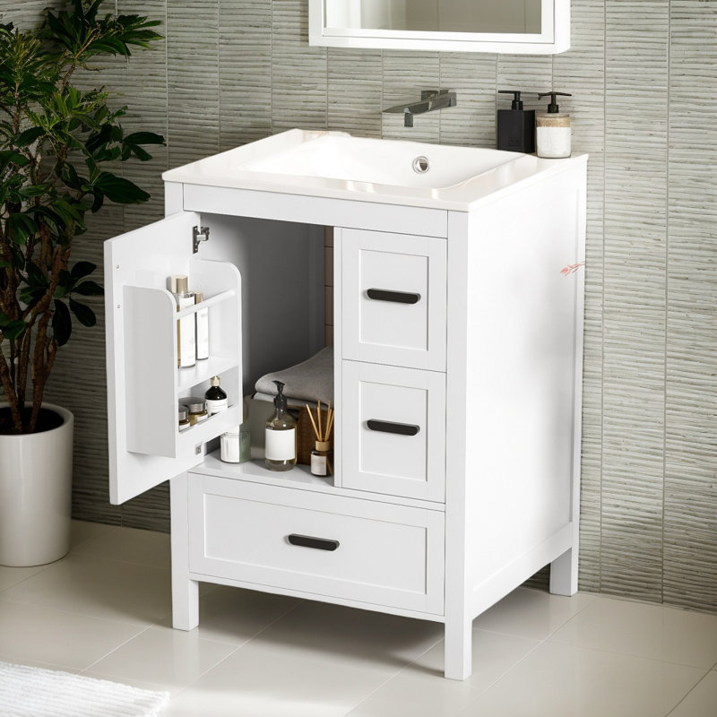 Meuble-lavabo autoportant 24 po avec 3 tiroirs et 1 porte 24 po, Noir, Blanc