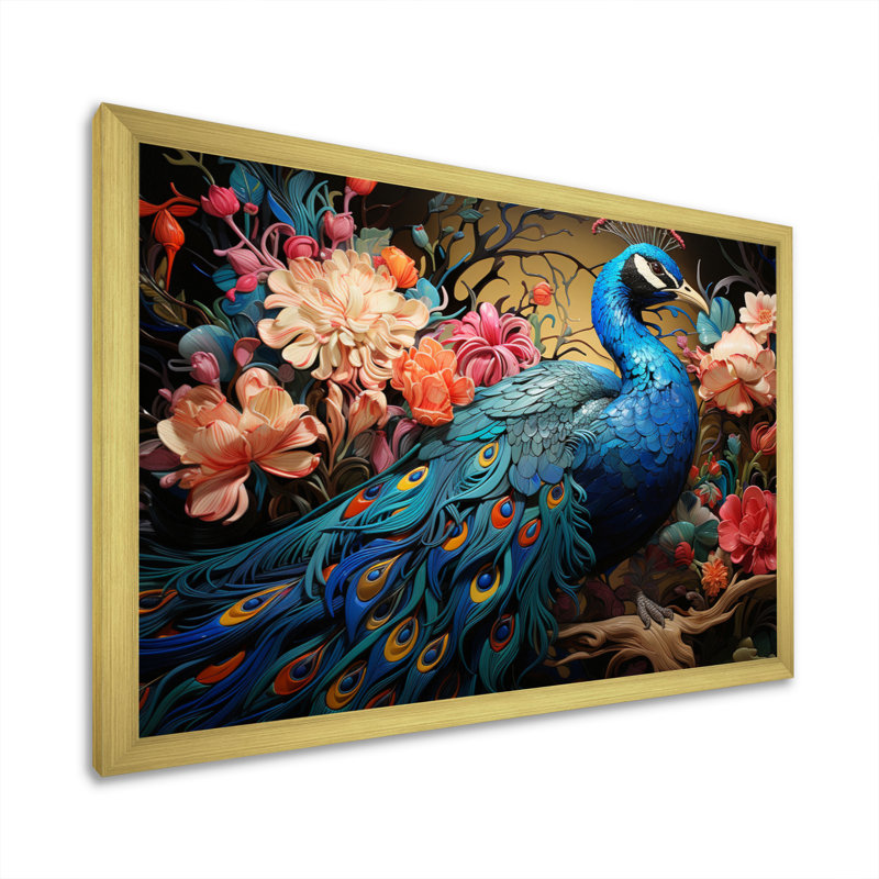 Teal Peacock Parade II - Animals Canvas Art Print, H 12 po x l 20 po x P 1 po, Cadre doré à une seule photo