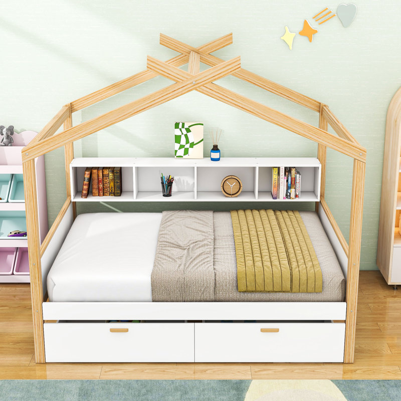 Lit en forme de maison avec tiroirs et étagères de rangement intégrés, Double