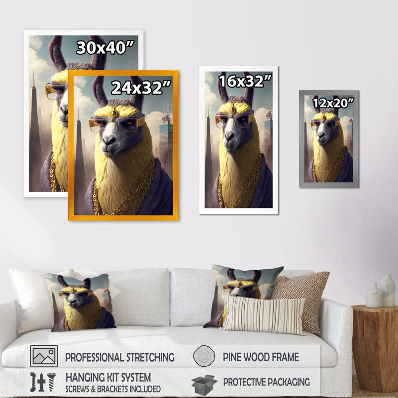 «Llama Gangster in NYC», impression sur toile, Impression dorée sur toile encadrée, H 32 po x l 16 po x P 1 po
