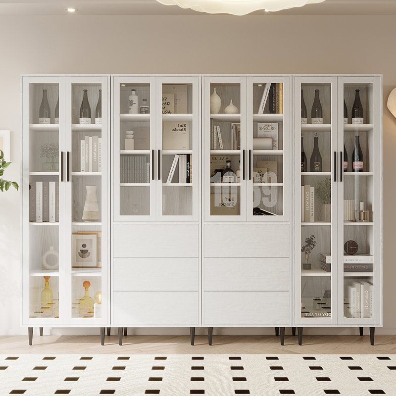 94.4" W Glass Book Cabinet Storage Bookcase, White