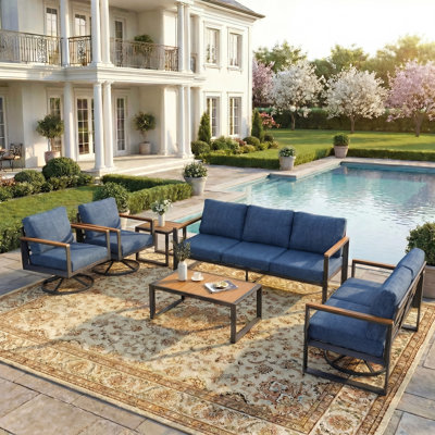 Ensemble de mobilier d'extérieur en aluminium 6 pièces, 2 chaises berçantes pivotantes, banc à 3 places, banc à 2 places, table basse et table d'appoint, ensemble de conversation modulaire pour patio avec coussins épais