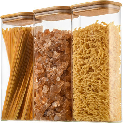 3-Piece 71oz Rectangular Glass Storage Jars, High Borosilicate Canisters with Airtight Bamboo Lids
