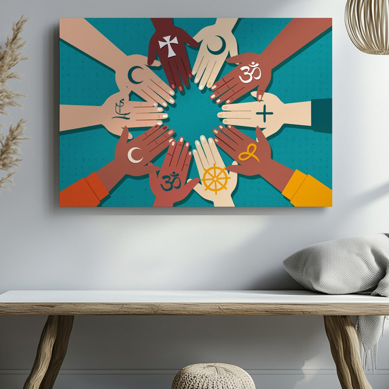 Toile, une illustration numérique vibrante mettant en vedette un cercle de mains variées représentant chacune un art mural sur toile différent