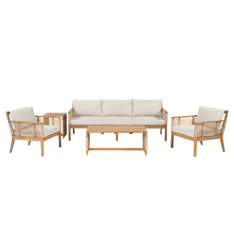 Acacia Wood 5-Piece Patio Sofa Set, Hand Woven Rope Outdoor Conversation Set With Cushions